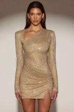 Embellished Asymmetric Bodycon Mini Dress in Gold - Image 7