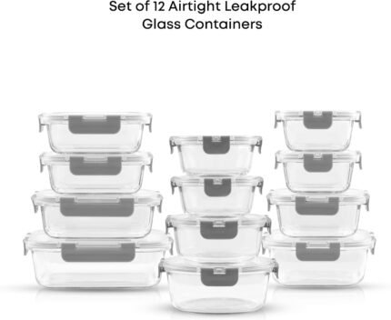 JoyJolt JoyFul 24pc Borosilicate Glass Food Storage Containers with Airtight Lids, Freezer to Oven Safe, Various Shapes and Sizes, Leakproof, Dishwasher Safe