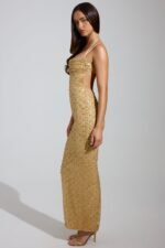 Embellished Cowl-Neck Maxi Dress in Gold - Image 3