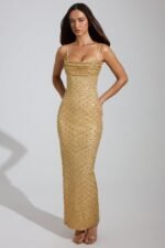Embellished Cowl-Neck Maxi Dress in Gold - Image 7