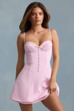 Bow-Detail Scalloped A-Line Mini Dress in Soft Pink - Image 6