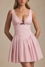 Bow-Detail A-Line Mini Dress in Pink Polka Dot - Image 2