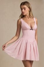 Bow-Detail A-Line Mini Dress in Pink Polka Dot - Image 14