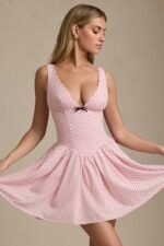 Bow-Detail A-Line Mini Dress in Pink Polka Dot - Image 8