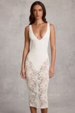 Lace Plunge Bodysuit Midaxi Dress in White
