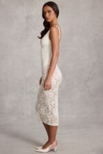 Lace Plunge Bodysuit Midaxi Dress in White - Image 3
