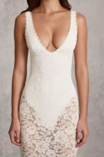 Lace Plunge Bodysuit Midaxi Dress in White - Image 4