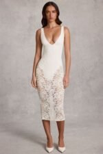 Lace Plunge Bodysuit Midaxi Dress in White - Image 5