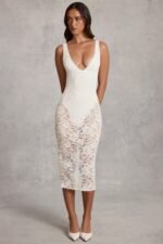Lace Plunge Bodysuit Midaxi Dress in White - Image 6