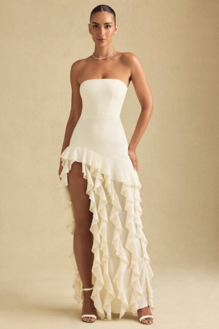 Ruffle-Trim Strapless Gown in Ivory