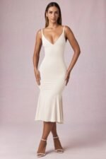 V-Neck Godet Midaxi Dress in Ivory - Image 5