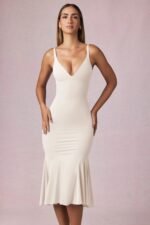 V-Neck Godet Midaxi Dress in Ivory - Image 7