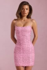 Embellished Scoop-Neck Bodycon Mini Dress in Pink