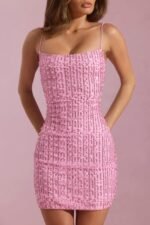 Embellished Scoop-Neck Bodycon Mini Dress in Pink - Image 4