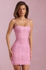 Embellished Scoop-Neck Bodycon Mini Dress in Pink - Image 5