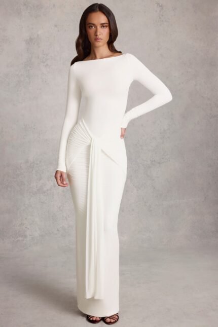 Draped Ruched Maxi Dress in White