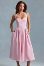 Button-Detail Halterneck Midaxi Dress in Soft Pink - Image 8