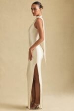 Asymmetric Scarf-Detail Maxi Dress in Ivory - Image 6