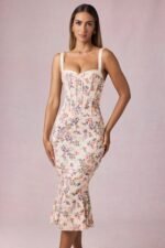 Layered Bra-Detail Fishtail Midaxi Dress in Primrose Floral Print - Image 9
