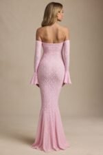 Off-Shoulder Ruffle Lace Maxi Dress in Soft Pink - Image 2