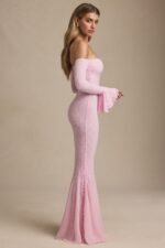 Off-Shoulder Ruffle Lace Maxi Dress in Soft Pink - Image 3