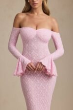 Off-Shoulder Ruffle Lace Maxi Dress in Soft Pink - Image 4
