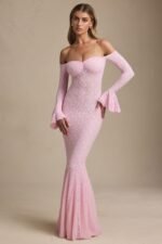 Off-Shoulder Ruffle Lace Maxi Dress in Soft Pink - Image 5