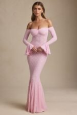 Off-Shoulder Ruffle Lace Maxi Dress in Soft Pink - Image 6