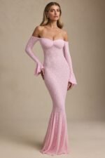 Off-Shoulder Ruffle Lace Maxi Dress in Soft Pink - Image 7
