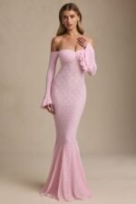 Off-Shoulder Ruffle Lace Maxi Dress in Soft Pink - Image 8
